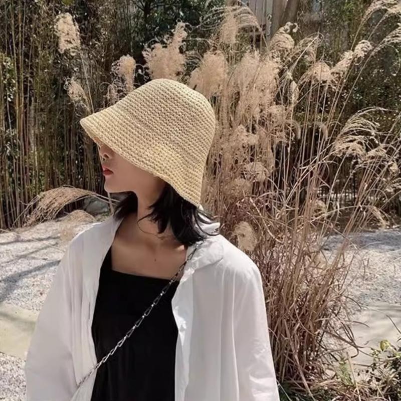 Natural Straw Summer Hat Packable Travel Handwoven Bucket Caps Sun Protection Beach Accessory