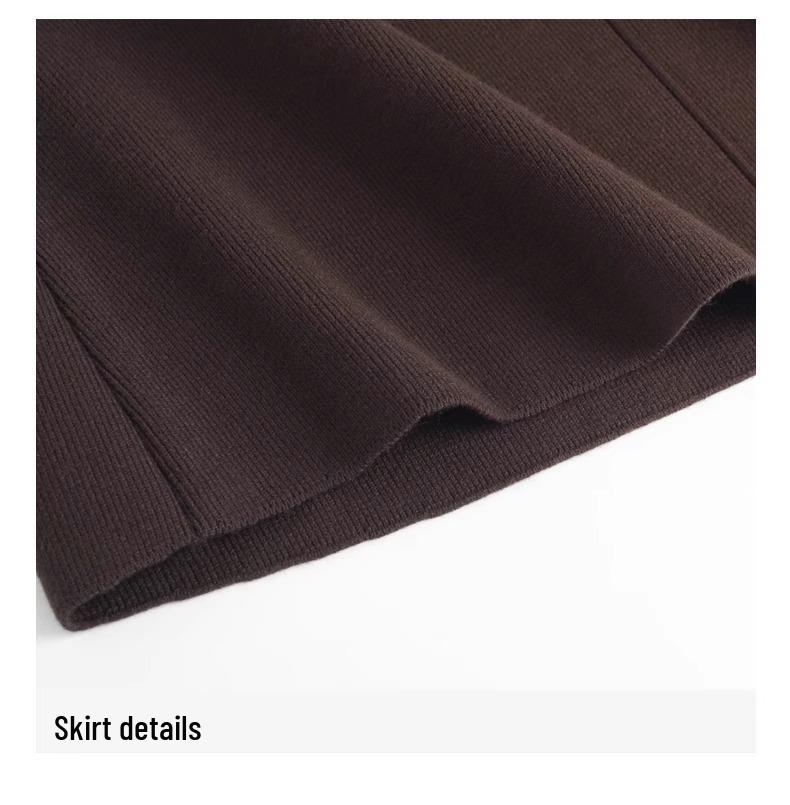 Autumn/Winter 2025 Black High-Waist Wool Knit Midi Skirt with Pockets