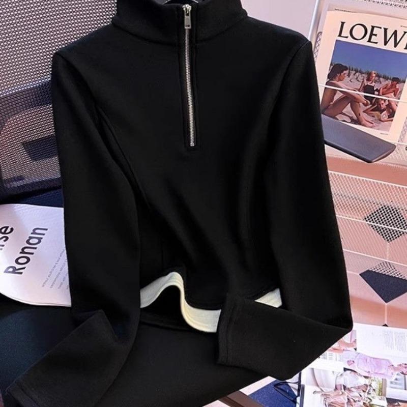 Autumn Winter Half High Collar Fake Two Pieces Casual Fashion Sweatshirt Women Patchwork Pullover Top