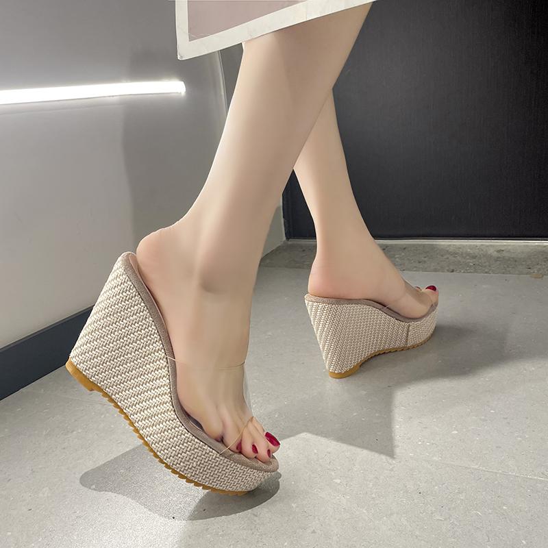 Fashion Shoes Transparent Slippers On A Wedge Slides Platform Women Heels Summer Soft High Rome Slippers Women Summer On A Wedge Transpa