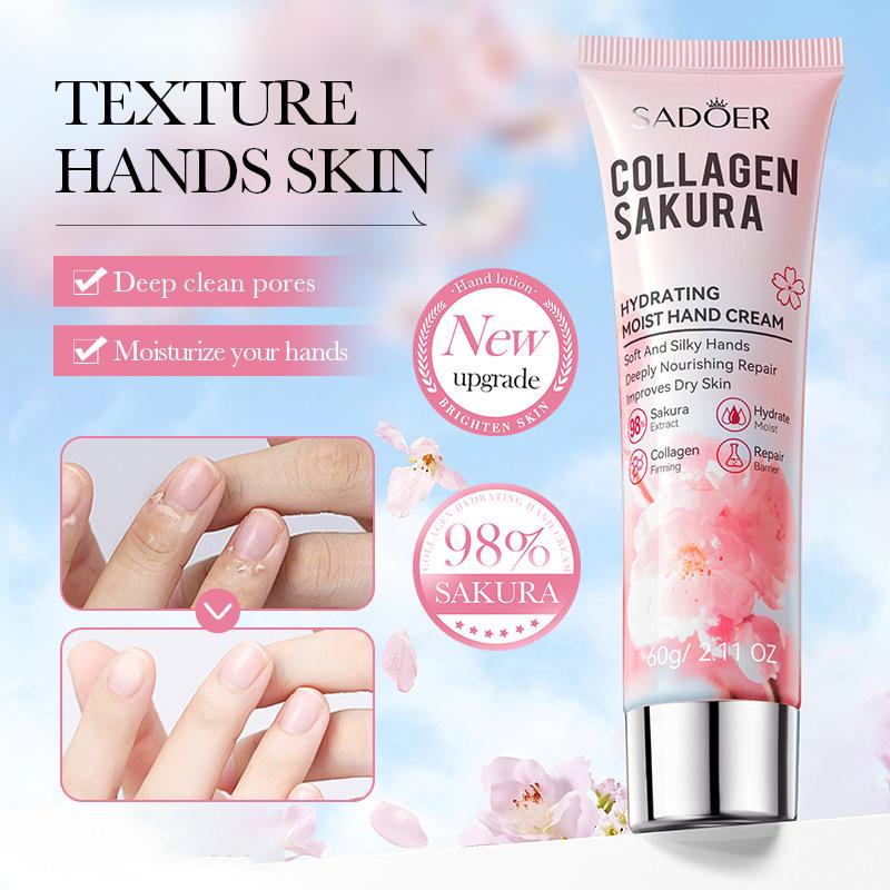 SADOER Sakura Collagen Hand Cream - Moisturizing & Nourishing, Brightening Care, Anti-Wrinkle Anti-Crack Cream for Hands