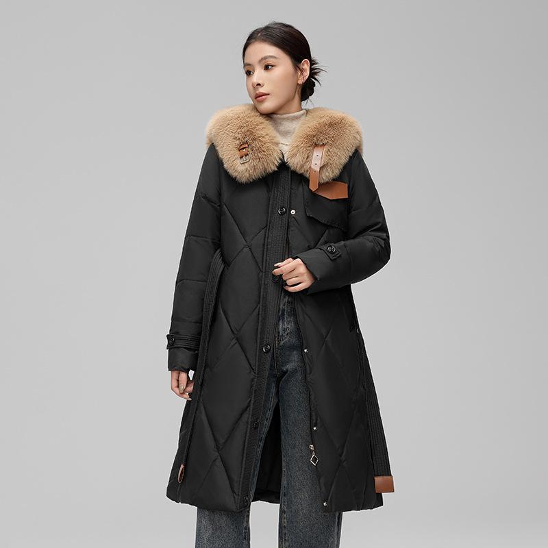 Winter Down Jacket for Women Long Style Large Fur Collar Slim Waist White Duck Down Jacket