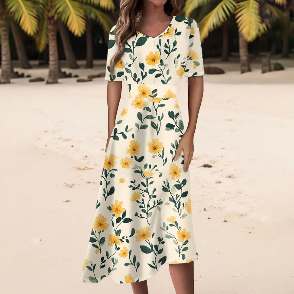Damen Freizeitmode Kleid mit Blumendruck, V-Ausschnitt, kurzen Ärmeln und taillenlang