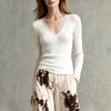 Women S Vintage Lace Splicing Knit Top V Neck Slim Fit Long Sleeve