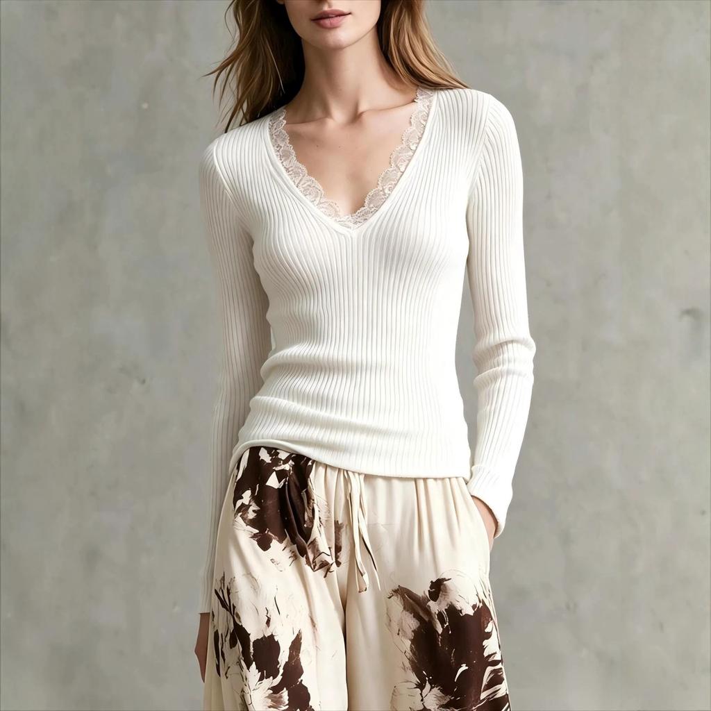 Women S Vintage Lace Splicing Knit Top V Neck Slim Fit Long Sleeve