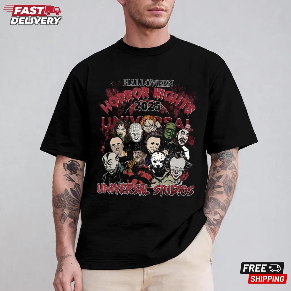 

Horror Nights Universal Studios 2025 Shirt Scary Horror Characters Shirt Unisex T-Shirt L