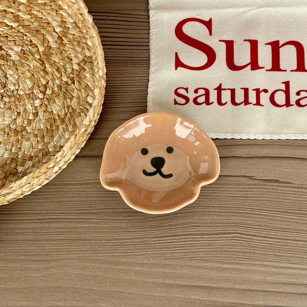 Adorable Ceramic Sauce Dish with Cute Dog & Bear Design - Single/Double Compartment Dip Bowl for Condiments, Snacks, Sushi, Soy