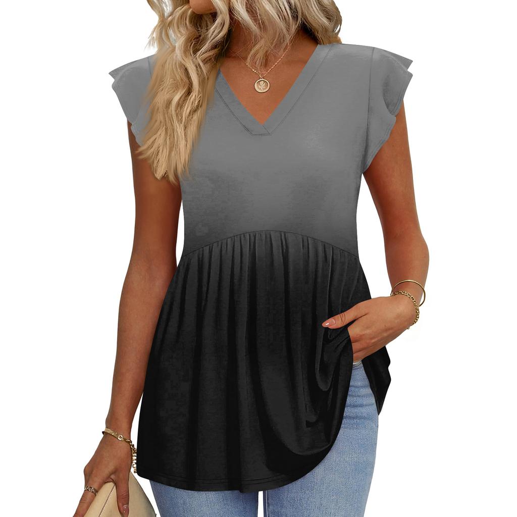 Womens Tops Fashionable V-neck Ruffled Sleeve Short-sleeved T-shirt Business Blouses