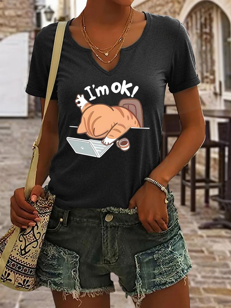Women's Summer V-Neck Short Sleeve T-Shirt, "I'm OK!" Lazy Cat Office Print, Funny Cat Lover Casual Fashion Top