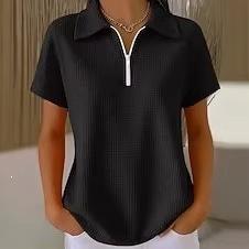 Waffle Lapel Half Zipper Short-sleeved T-shirt Women's Summer Loose and Thin Simple Solid Color Top