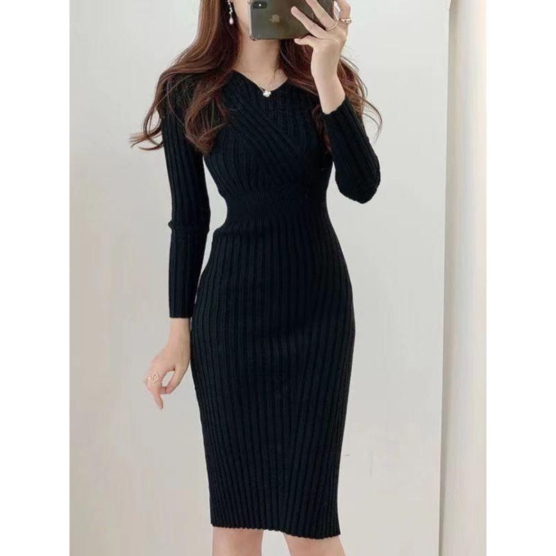 Dress Hong Kong Style Sexy V-neck Waist Hugging Slim fit Sheath Long sleeve Knitted dress Sexy Knit Dress