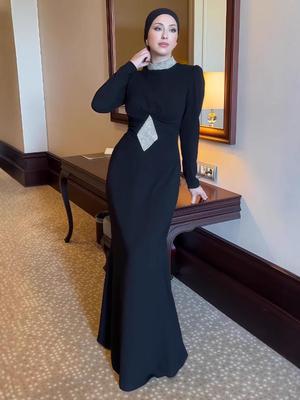 2025 Autumn High Neck Waist-Gathering Printed Evening Dress