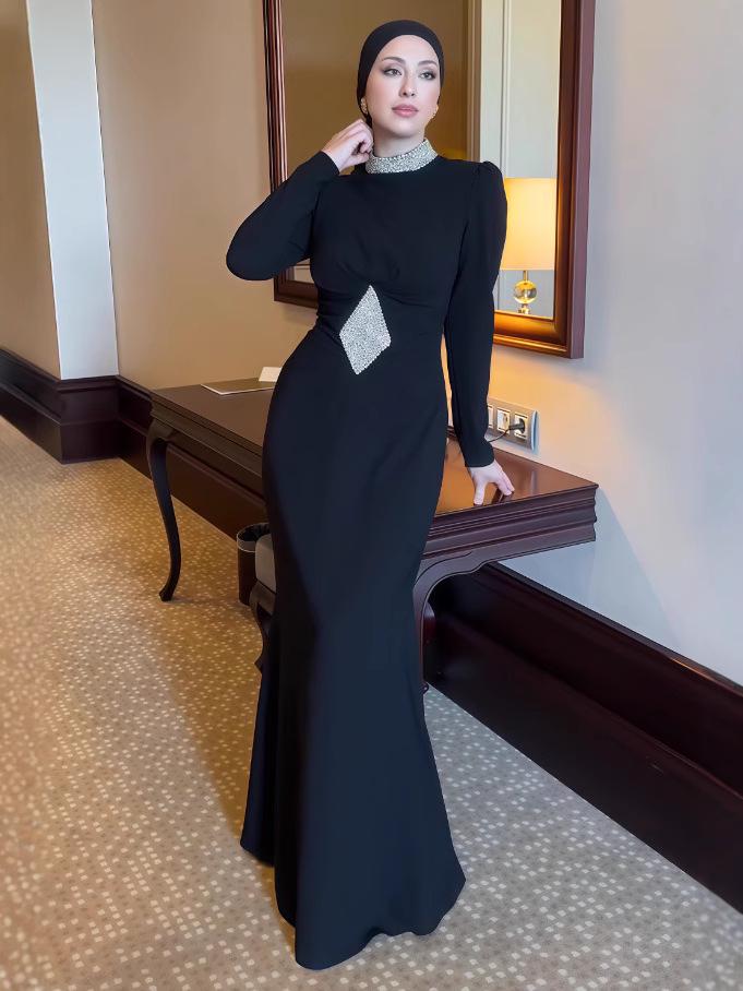 2025 Autumn High Neck Waist-Gathering Printed Evening Dress