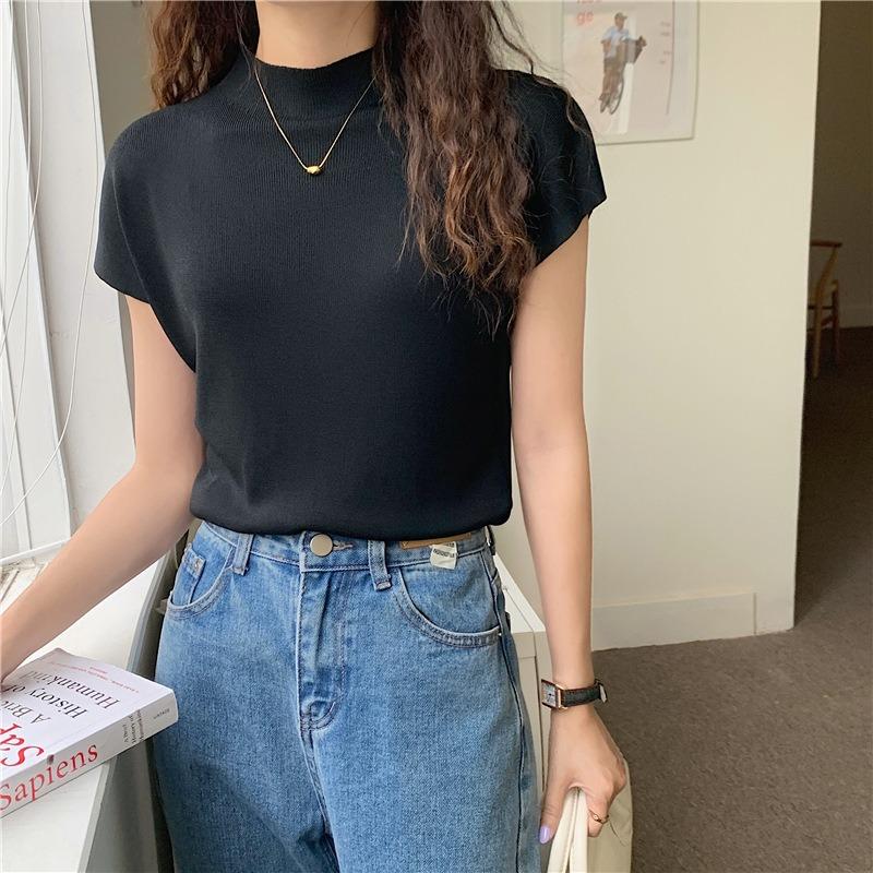 Ice Silk Knitted Short-sleeved Top Women's Semi-turtleneck Slim Knitted Sweater Women's Shirt Base Outer Wear Short Summer