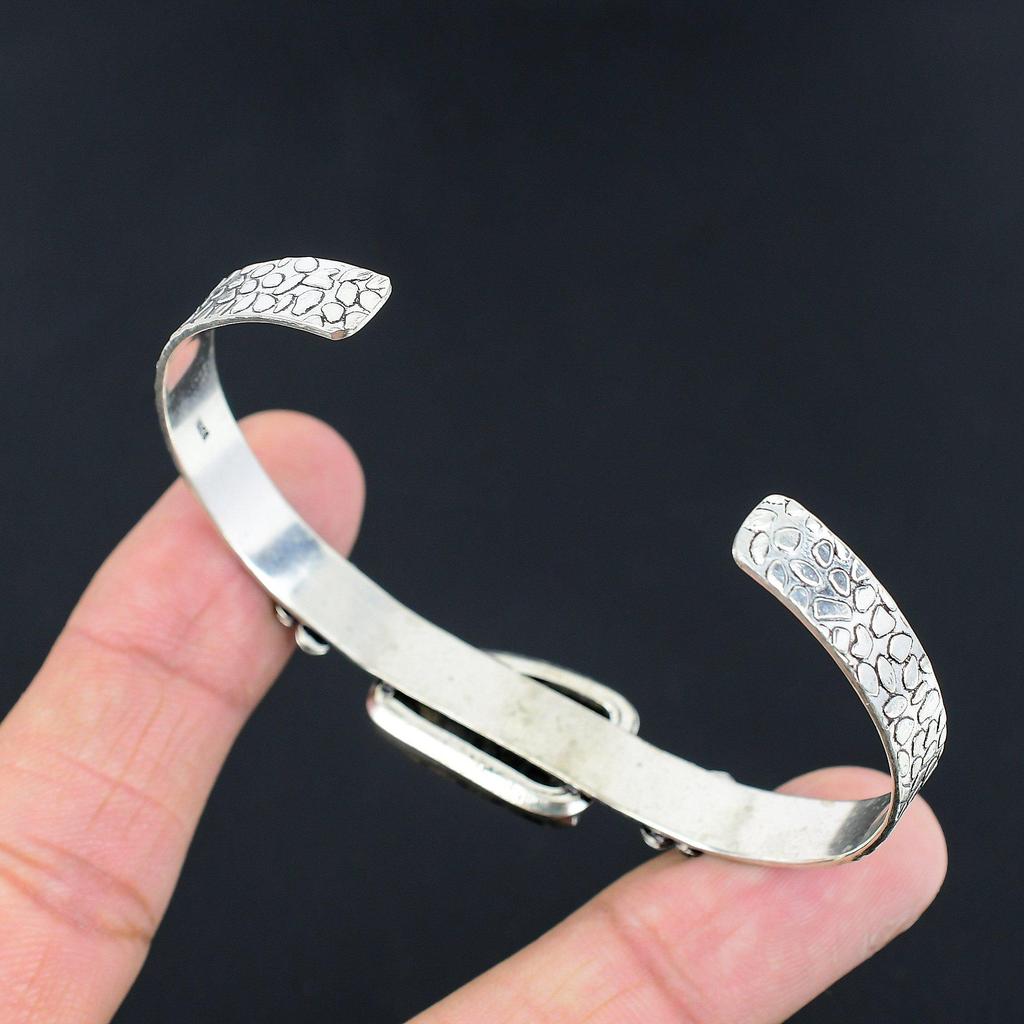 Natural Dendritic Tiger Gemstone Bangle Flower Adjustable 925 Silver For Women