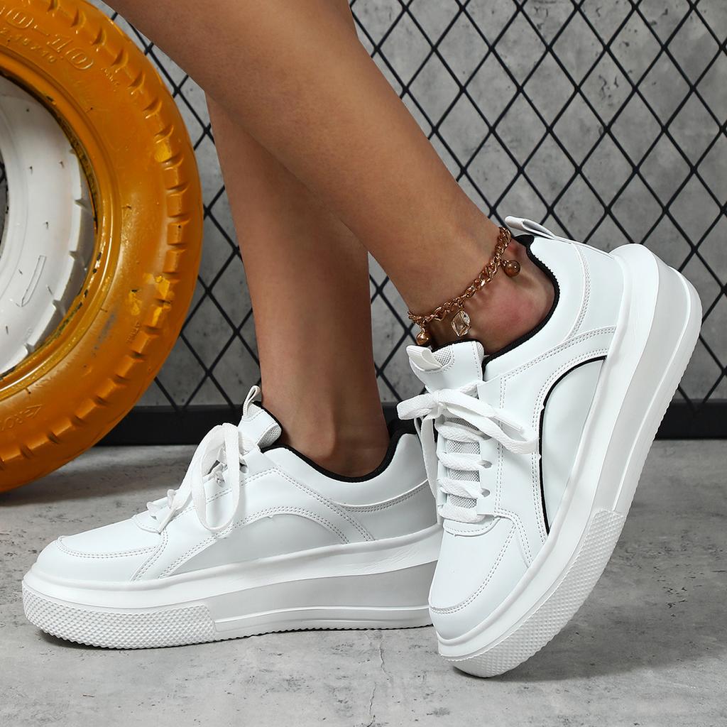 Unisex Women White Dad Shoes for Men Thick Sole Skateboard Chunky Sneakers Casual Vulcanized Shoes High Platform Lace Up White