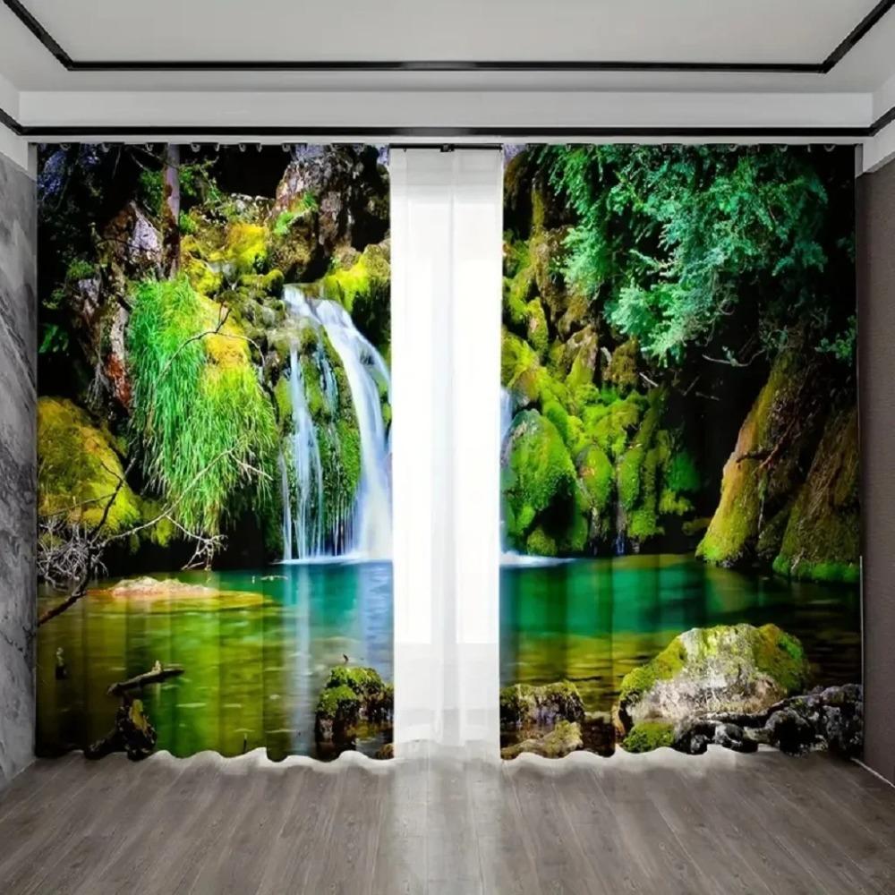 3D Printed Sunshine Forest Waterfall Curtains for Bedroom Drapes Mountain Stream Natural Landscape Window Curtain Living Room