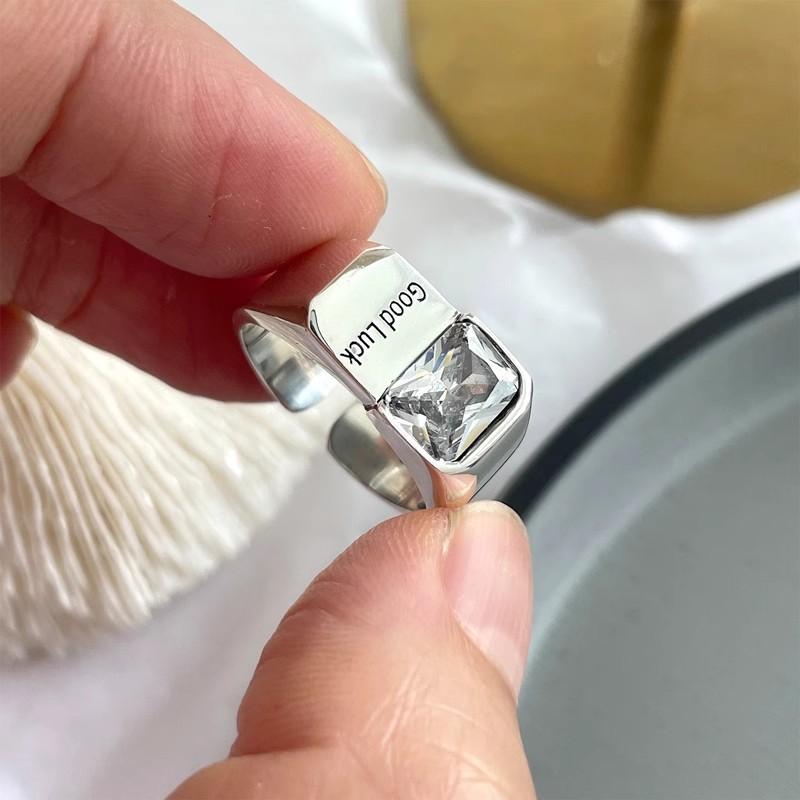 Fashion Letter Good Luck Letter Square Crystal Stainless Steel Opening Couple Rings for Women Men Luxury Charm Finger Jewelry