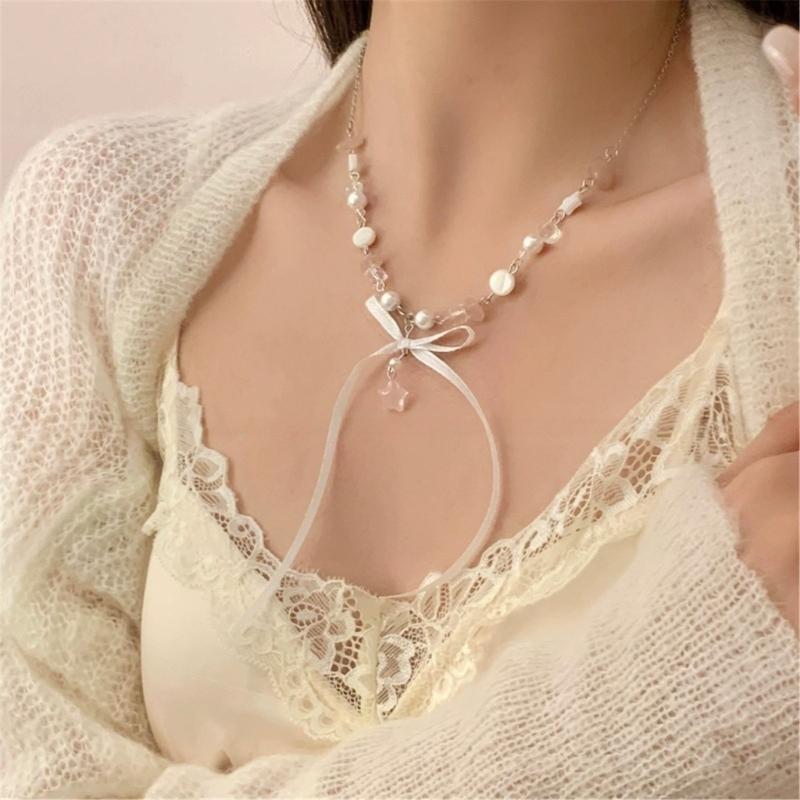 Bohemian Neckchain Bow Beaded Necklace Bowknot Star Pendant Clavicle Chain French Style Collarbone Chain for Women Girls