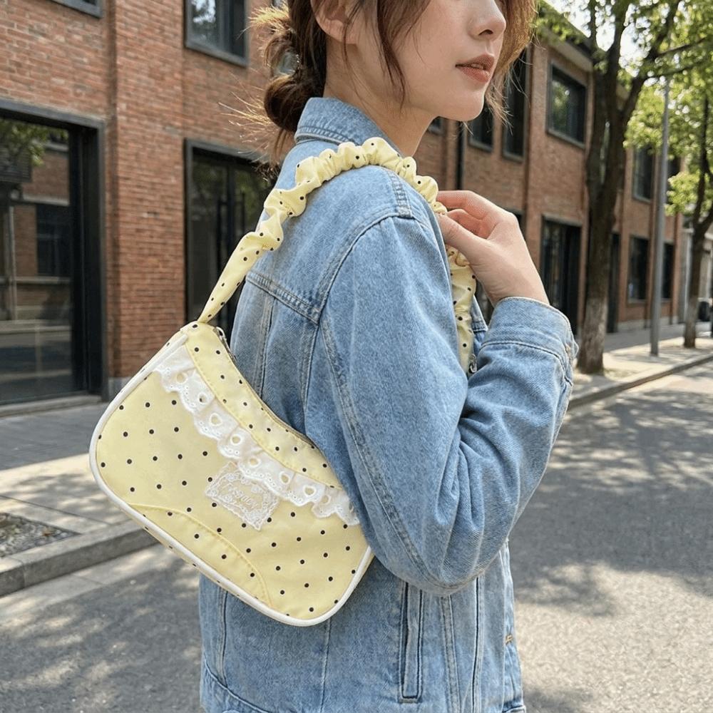 Lace Polka Dot Shoulder Bag Drawstring French Stick Handbag Cute Pleated Underarm Bag  Daily