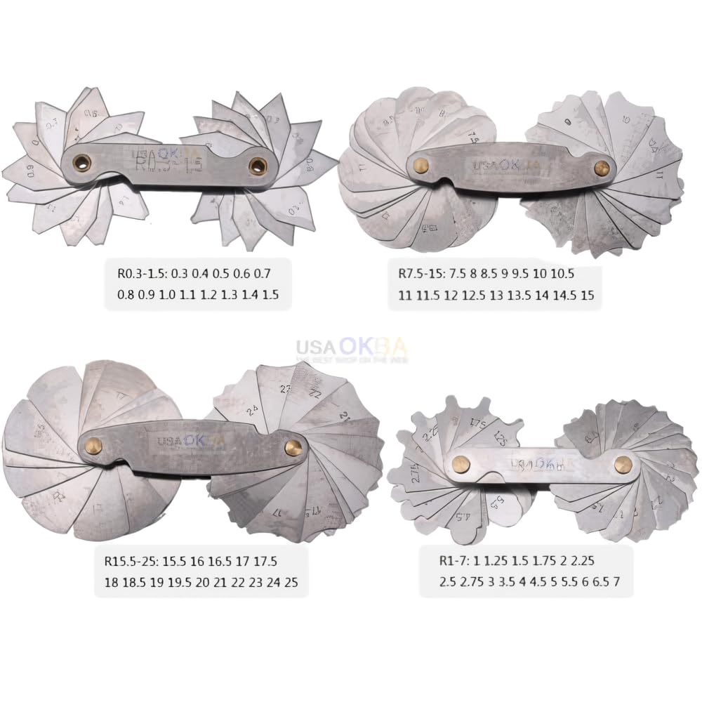 Stainless Steel Radius Fillet Gauge Measuring Industrial Radius 4-Piece Tool, Gauges, R0.3-1.5 / R1-6.5 / R7-14.5 / R15-25