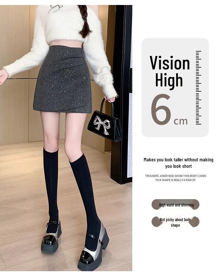 Gray Woolen Sequined Skirt: Women's Autumn/Winter 2025 French-Style High-End Heavy Work Short Skirt