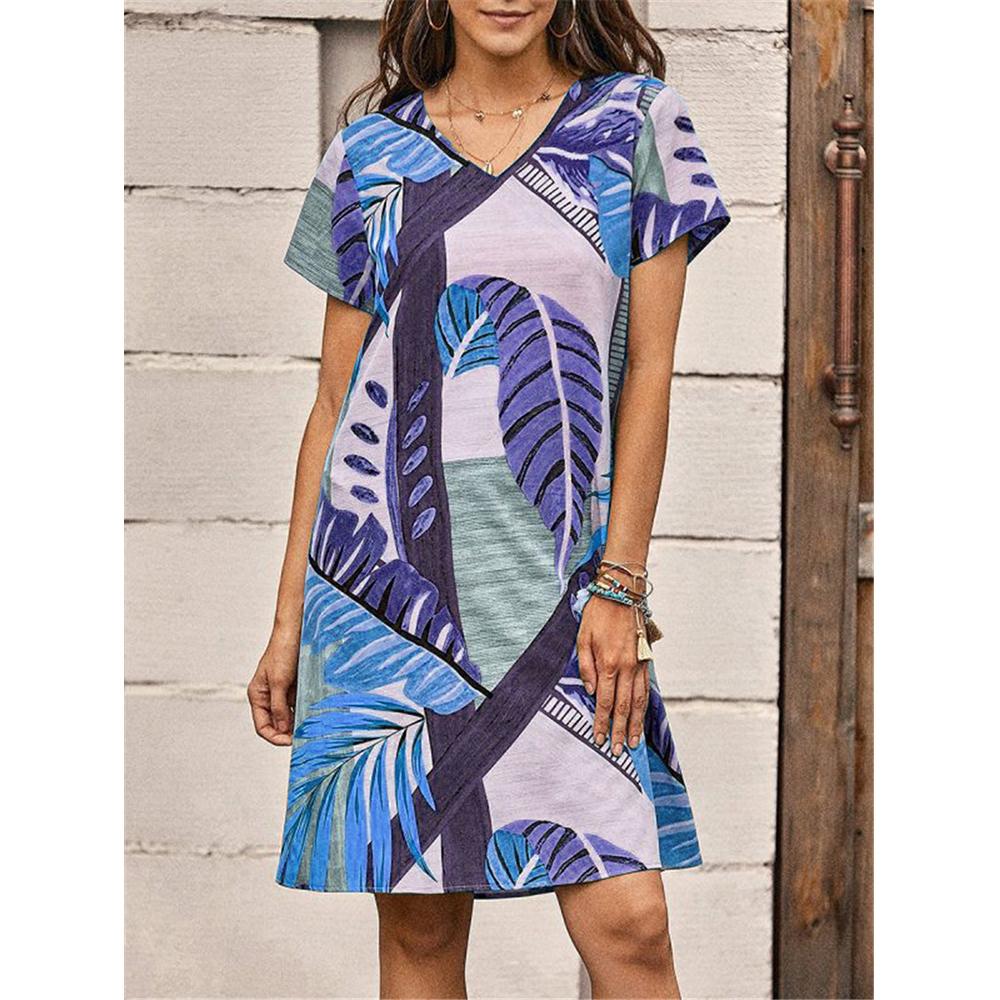 

Женское платье прямого кроя, весна-лето, модная повседневная свободная юбка с v-образным вырезом и цветочным принтом, платье длиной до колена с короткими рукавами 3XL синий