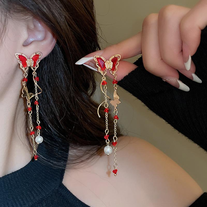 Zinc Alloy Needle Butterfly Zircon Long Tassel Pearl Earrings for Women New Fashion Drop Earring Light Luxury High Sense Zircon