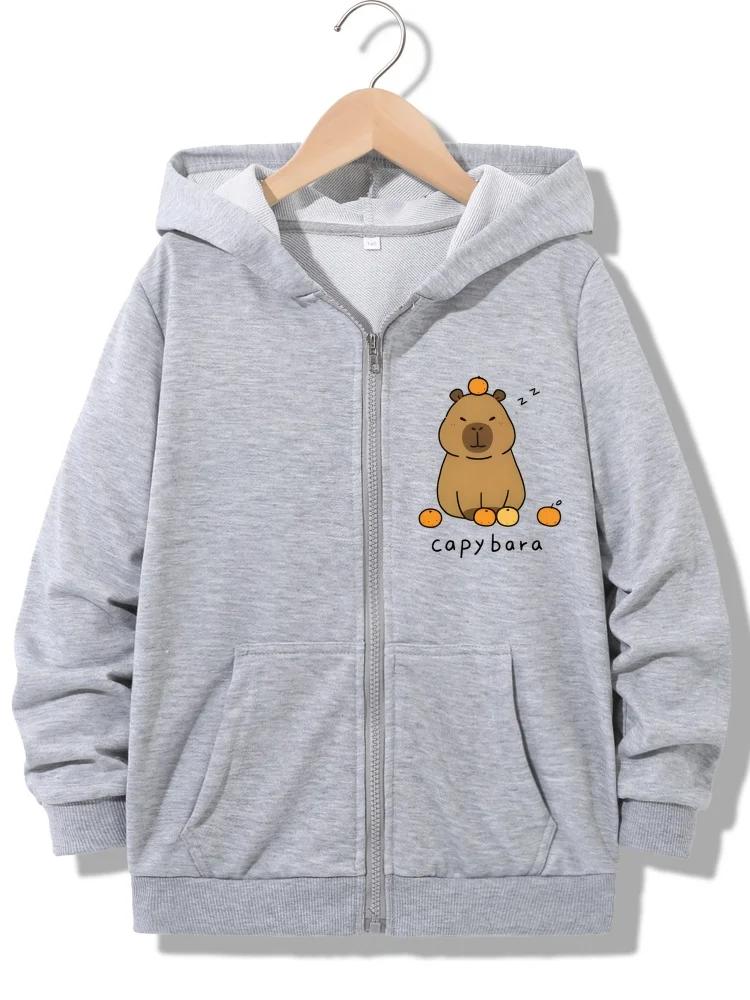 Children Full Zip Hooded Sweatshirt Cartoon Capybara With Oranges Letter Print Loose Daily Outerwear With Front Pocket