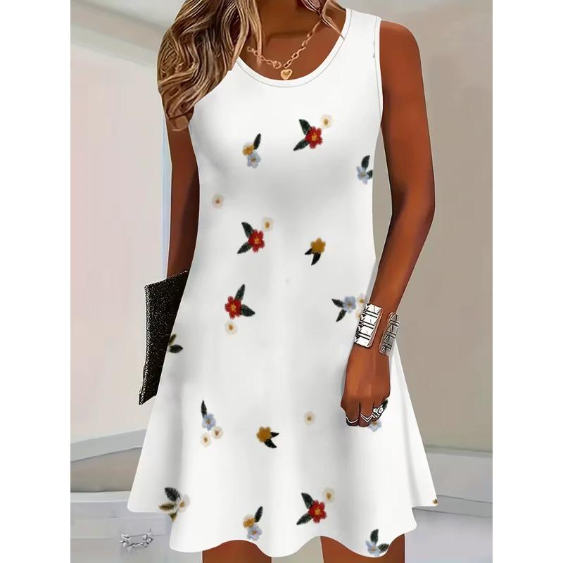 Large Size Women's Dress Fashionable 3D Plaid Print Sleeveless Elastic Round Neck Summer Dress