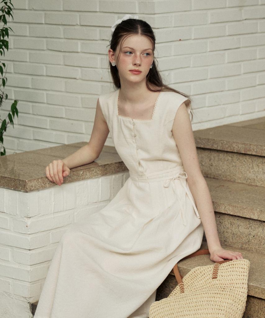 ADAUL Classic Pintuck Line Ribbon Long Dress - Natural