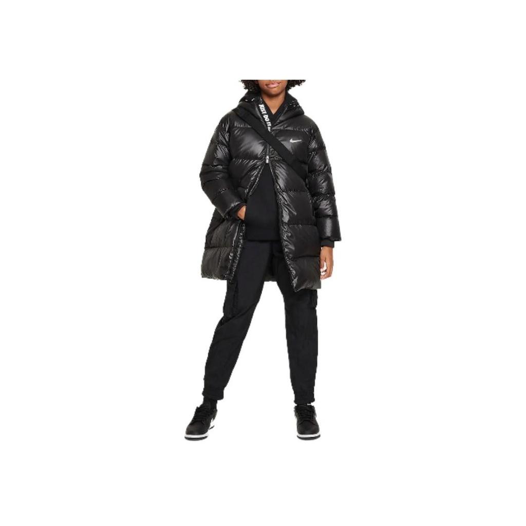 Nike Solid Color Long Hooded Casual Down Jacket Kids Outerwear Black FV3889-010