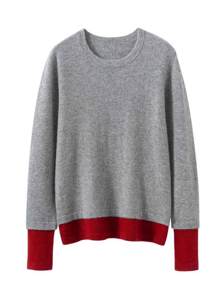 Two-Piece Look Cashmere Sweater - Women's Autumn/Winter 2026 Round Neck Color Block, Versatile, Loose-Fit with Slimming Effect.