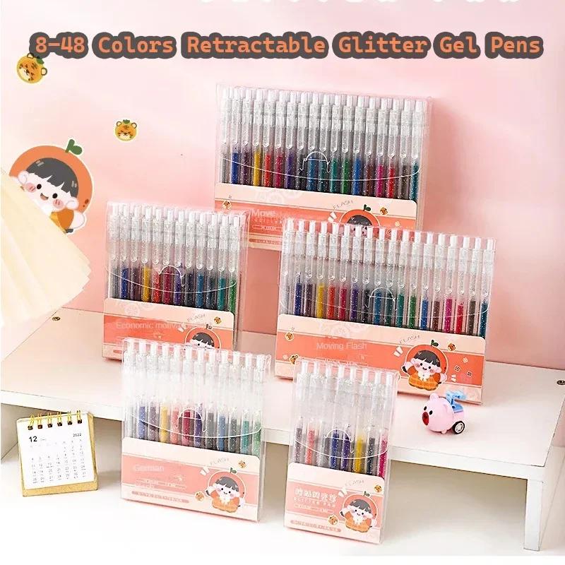 8-48 Colors Retractable Glitter Gel Pens Uncap Type Ballpoint Pen Card Stock Marking Coloring Drawing Art Marker Art Stationery