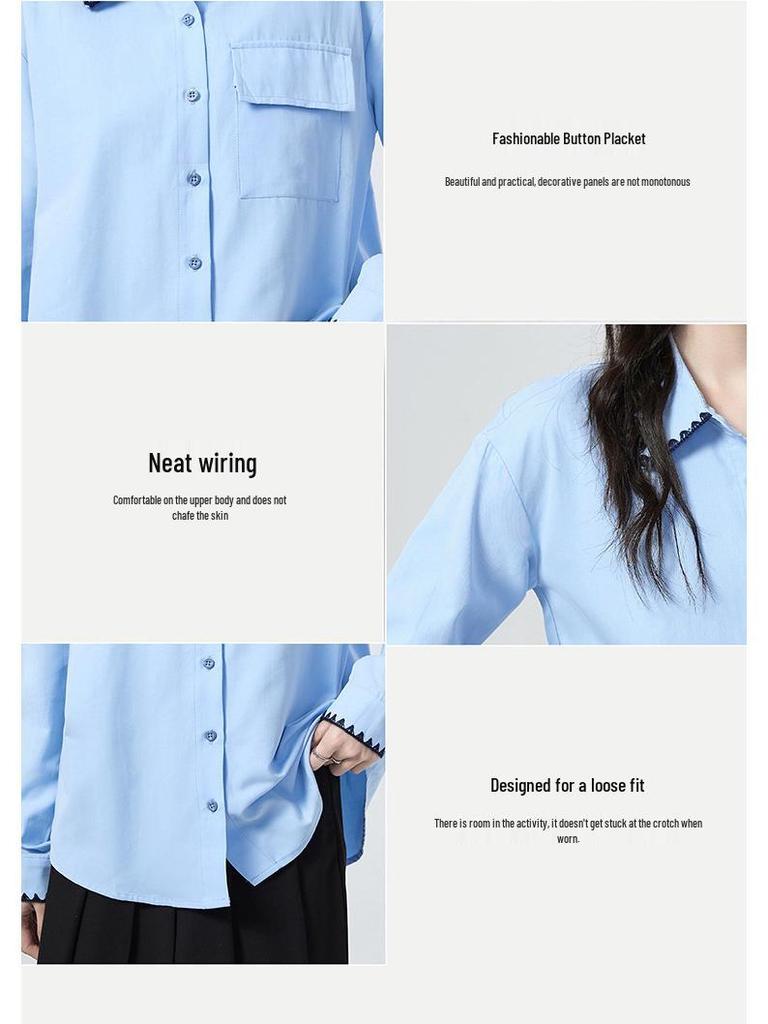 Elegant Blue Polo Collar Slimming Women's Long-Sleeve Shirt - 2026 Early Spring Arrival