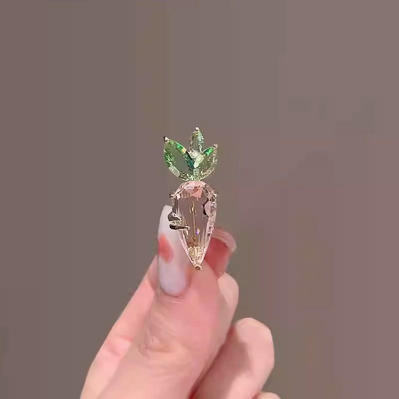 Elegant Pink Crystal Carrot Brooch for Women - Unique, Simple Design with Anti-Exposure Shirt Collar Buckle.