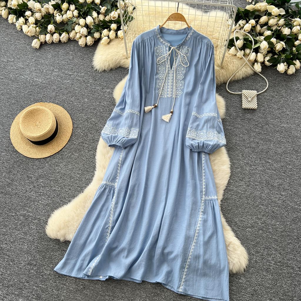 Schickes Vintage Langarm Locker Schlank Elegant Fee Koreanische Mode Boho Sommerkleid Damenbekleidung Langes Kleid