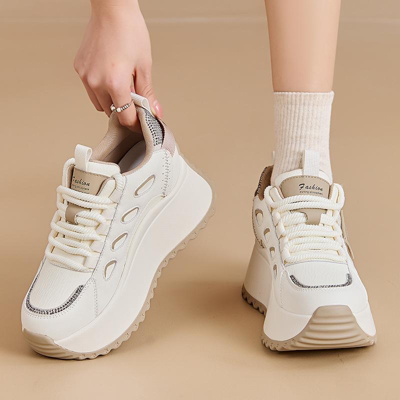Genuine Leather White Shoes for Women In Spring 2025 Height Increasing Sports Single Shoes, Fashionable Sports Shoes for Women
