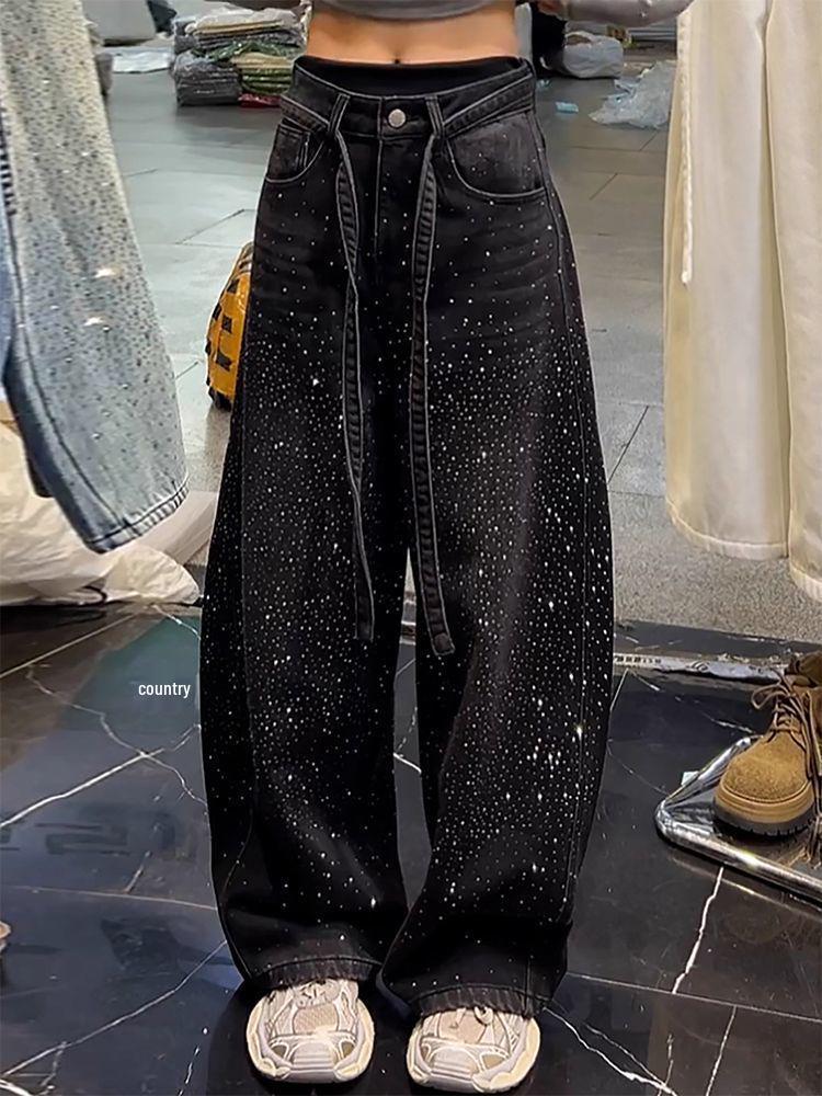 Amerikanische Stern Strass Funkel Denim Hose - Damen Weites Bein Bodenlang 2026 Frühling Sense Stil