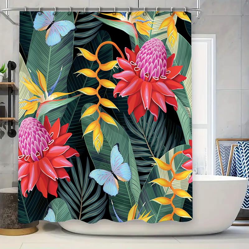 

Bright Floral Shower Curtain Pink Red Yellow Blue Butterfly Green Leaves Decorative Polyester Washable Bath Mat Tapes For Home B W60H190(CM)-1 Pcs