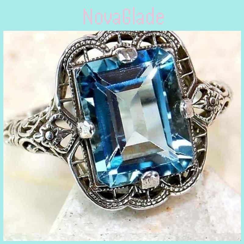 Elegant European Style Jewelry With Classic Square Cut Blue Sapphire Rhinestone Studded Ring