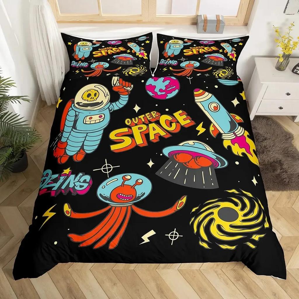 Modern Rocket Ship Duvet Cover Set Full Size,Space Ship Galaxy Bedding Set,Boys Girls Rocket Planet Star Cartoon Comforter Cover