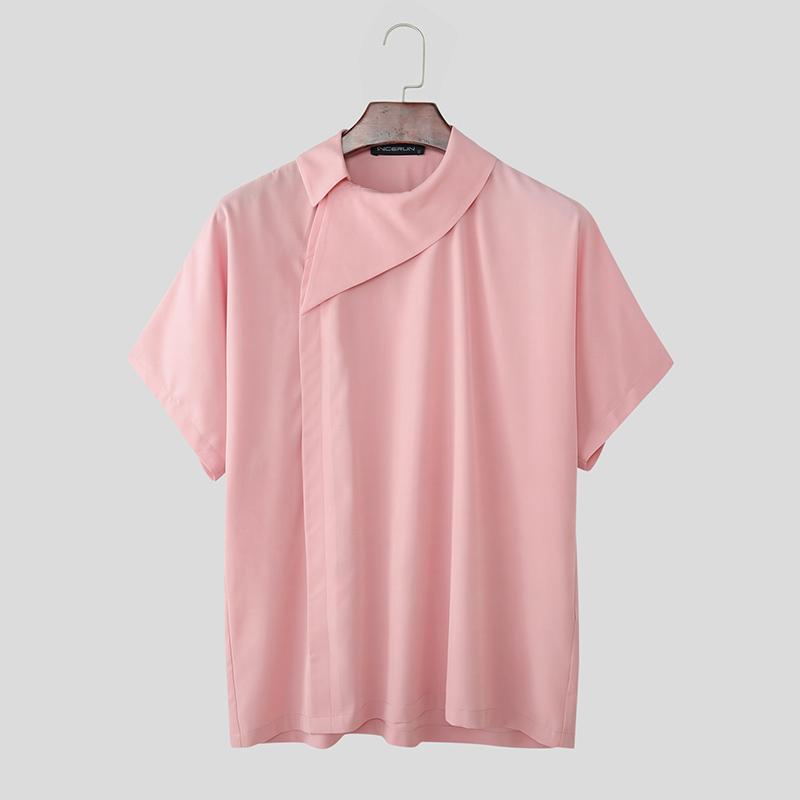 INCERUN Men Summer Lapel Neck Short Sleeve Side Buttons Casual Shirts Tops