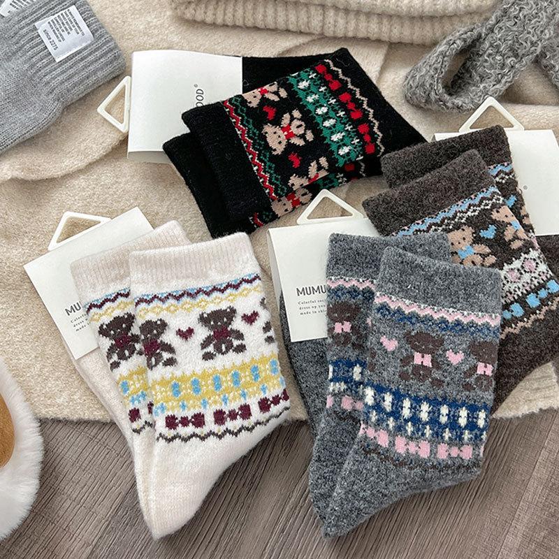 Retro Ethnic Style Wool Socks Children Thickened Warm Coffee Plush Bear Medium Tube Stacking Socks