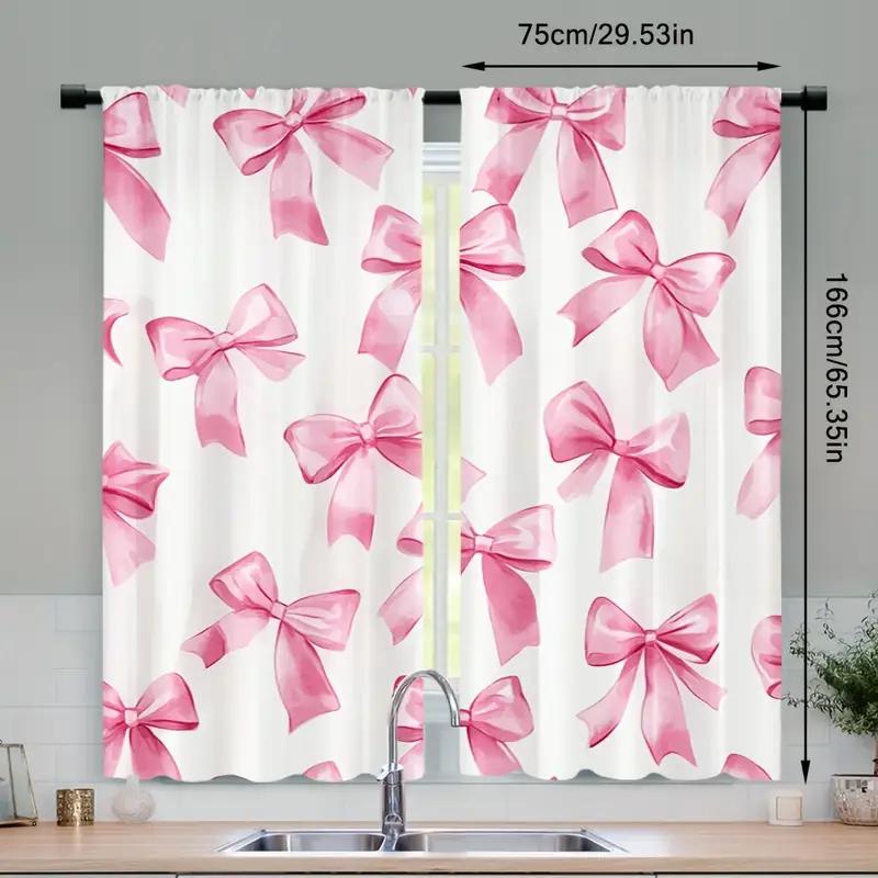 2PCS Pink Bow Curtains with Rod Bag Design for Privacy Protection   Suitable for Various Decorative Scenarios