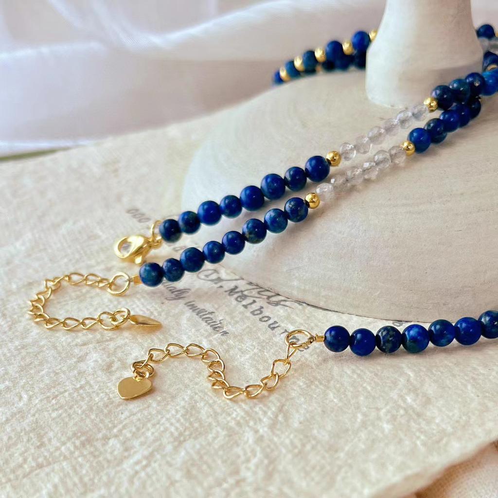 Vintage Natural Lapis Lazuli White Crystal Sugar Cube Gray Moonstone Contrasting Color Collarbone Chain Atmosphere Necklace