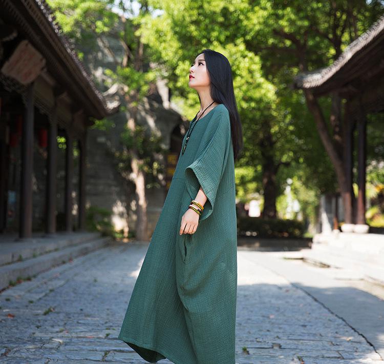 Bamboo Joint Batwing Sleeve Long Robe Dress - Spring/Summer National Style