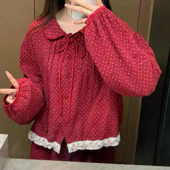 Korean Palace Red Polka Dot Floral Lace Collar Long Sleeve Pajama Set