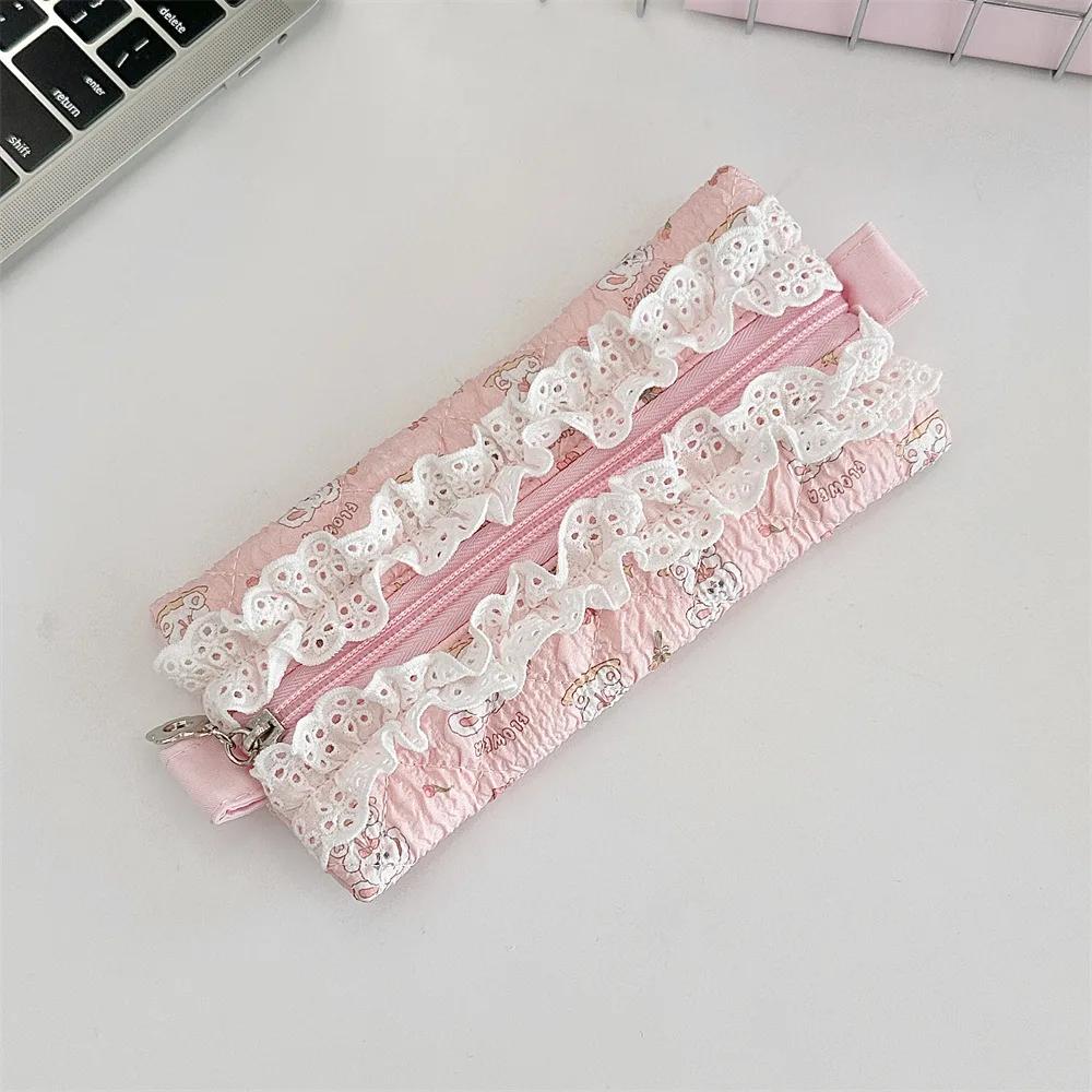 Cute Lace Ruffle Pencil Case for Kids Girl Sweet Cartoon Makeup Brush Organizer Large Capacity Soft Fabric Stationery Storage