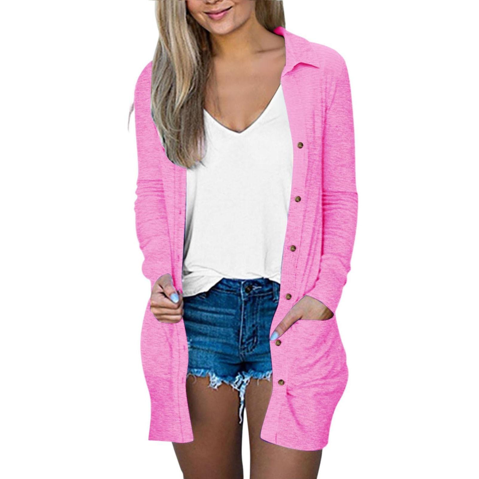 

Women s Fashion Cardigan Lightweight Long Sleeve Button Loose With Pocket Solid Color Jacket L рожевий